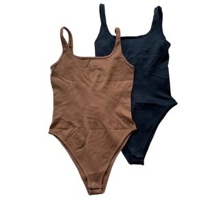 Women's Bodysuits - Brown and Black Ribbed Sleeveless Square Neck Tank Tops